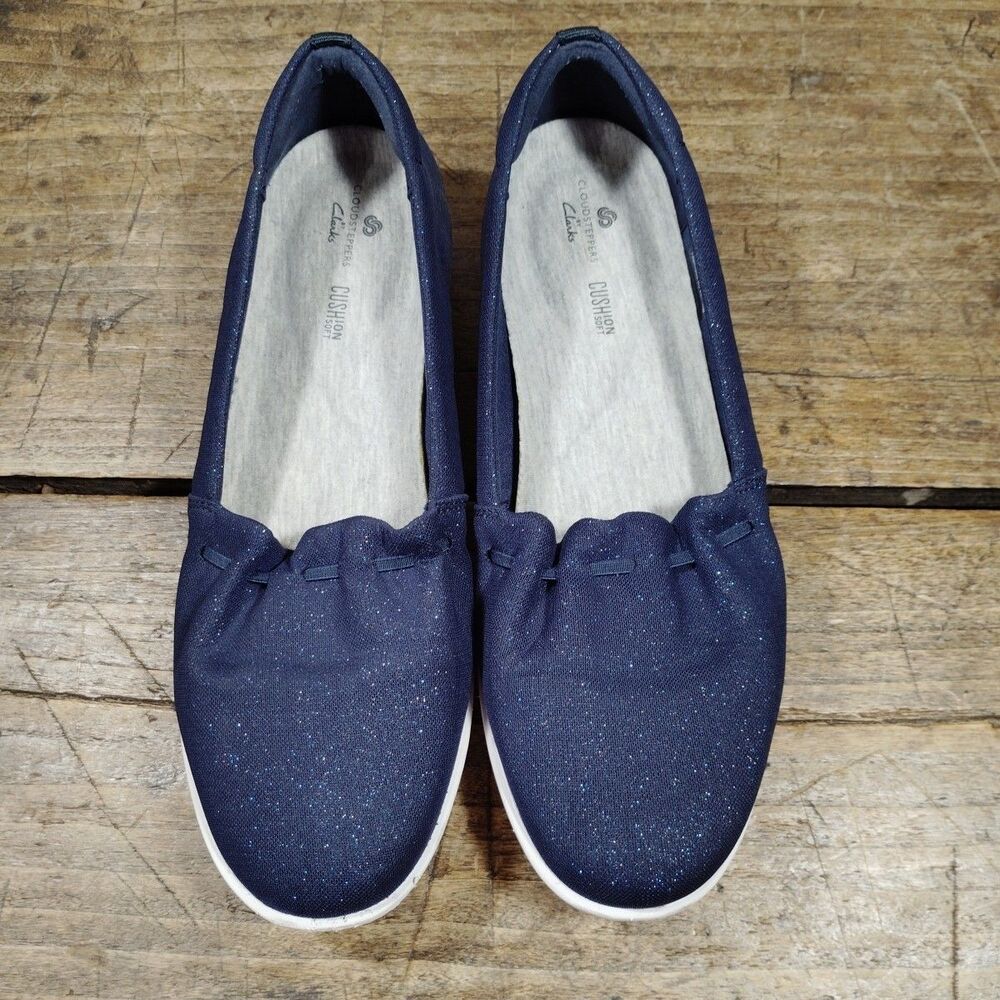 Cloudstepper by Clarks Shoes Womans 8 M Ayla Shine Navy Blue Metallic Loafer